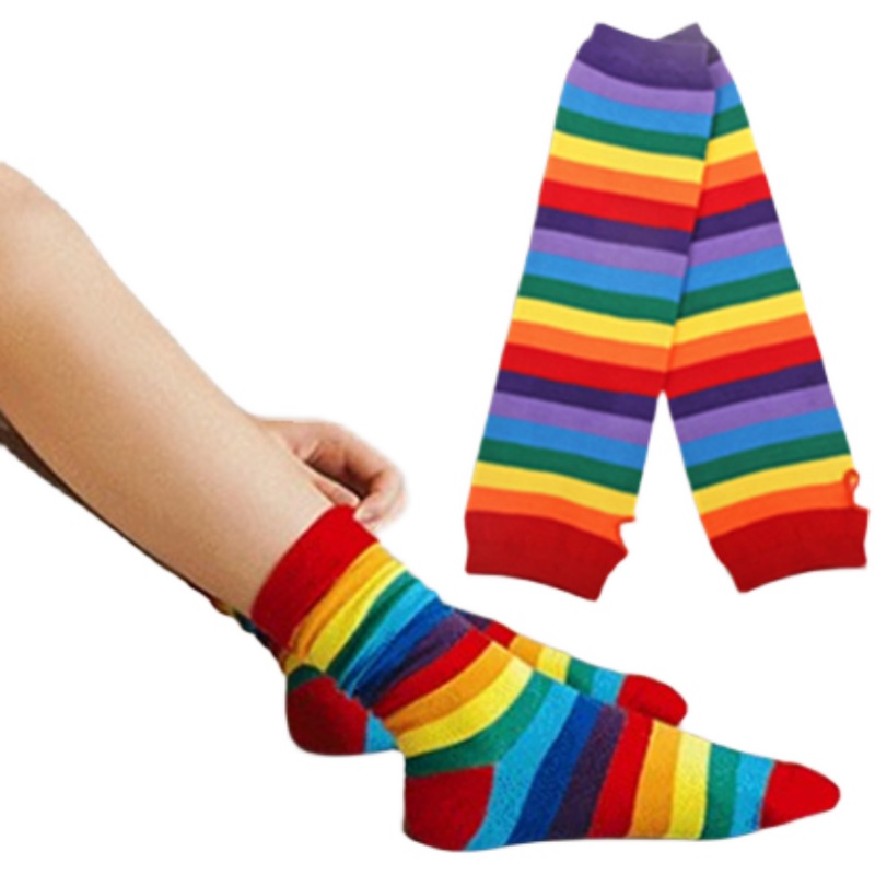 彩虹袜子女七彩色条纹防晒袖子护手套半指舞会表演可爱中筒堆堆袜