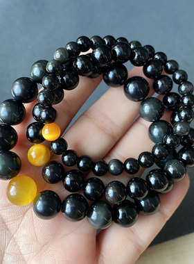 精品天然黑曜石手串闪电金虎眼石