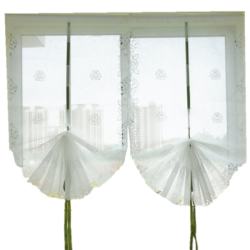 白色玫瑰窗纱提拉帘罗马帘扇形厨卫小窗帘免打孔安装魔术贴伸缩杆