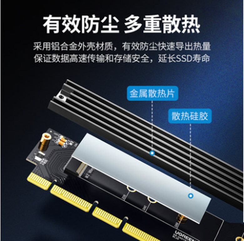 绿联CM465pcie转nvme m2电脑扩展卡m.2固态硬盘转接卡盘位x4/8/16 - 图1