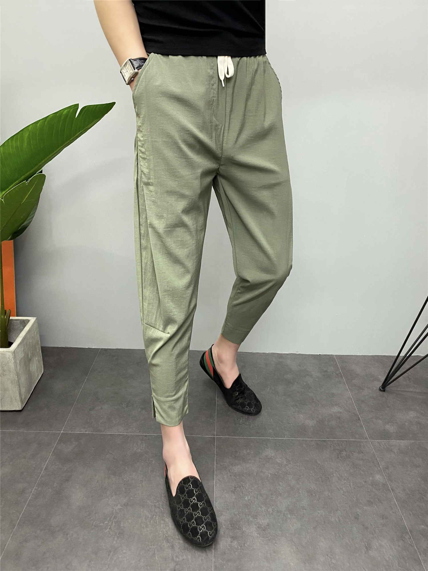 夏季薄款冰丝裤子男九分裤脚开叉纯色净版小脚哈伦裤宽松休闲裤潮,淘宝优惠券,粉丝福利购,淘宝优惠卷