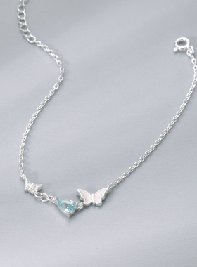 猫蛰S925纯银水滴形蓝钻蝴蝶手链