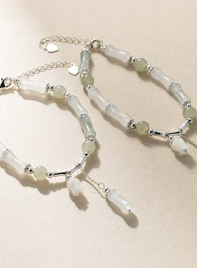 猫蛰S925纯银铃兰花玉石竹节手链