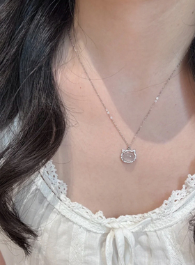 猫蛰S925纯银白玉髓小猫咪项链