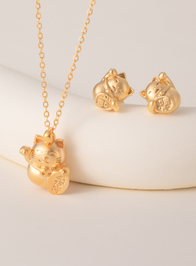 猫蛰S925纯银招财猫沙金吊坠项链