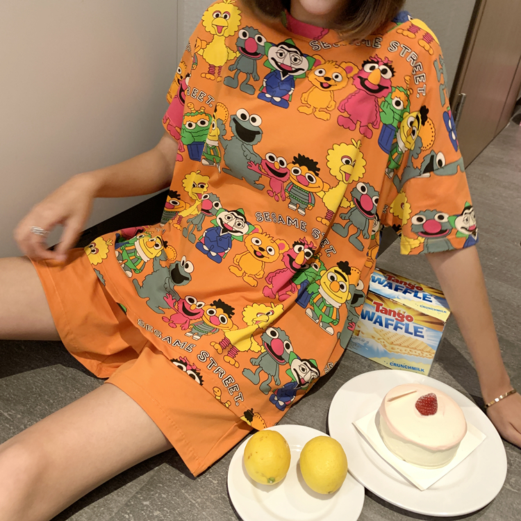 蘑菇睡衣小铺MOGO芝麻街卡通睡衣女春秋季纯棉甜美可爱家居服短袖长裤套装夏季韩版3