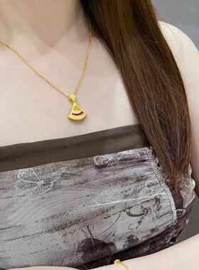 法式复古粉色红刚玉古法金小裙子项链 女轻奢沙金扇子锁骨链送礼