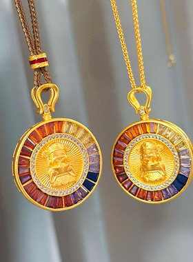 归真居金店同款越南沙金彩虹渐变色锆石古法金招财财神吊坠 百搭