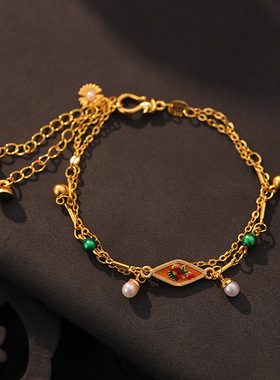 古法黄金色石榴花菱形手牌手链双层新中式细链子DIY手饰女