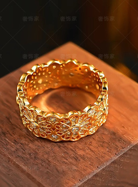 强保色沙金玫瑰花窗戒指女黄金色复古宫廷高级点钻太阳花指环饰品