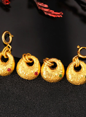 沙金手工锤纹锁包吊坠镶嵌宝石金坨坨滴溜捶揲纹小挎宝挂坠饰品