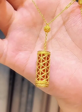 保色沙金故宫联名系列金狮献瑞黄金色锆石项链实心套装吊坠饰品