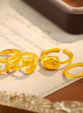 沙金戒指黄金色Kitty凯蒂猫戒指镶钻蝴蝶结沙金KT猫指环女送礼