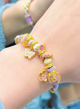 沙金蝴蝶系列吊坠玫瑰桃花朵滴溜蜻蜓挂坠时尚简约沙金手串配件