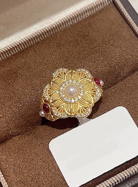 宫廷风花丝珍珠戒指女黄金色