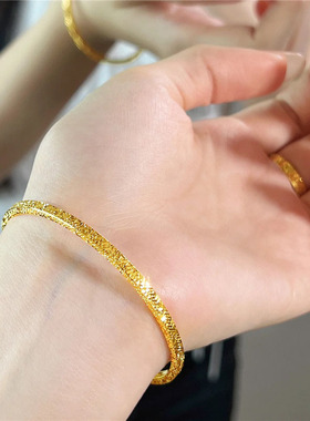 细版爆闪三面碎碎冰黄金色手镯女