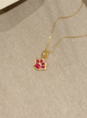 好爆闪满钻红宝石小猫爪吊坠项链