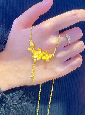 金店同款仿黄金色999古法双生莲花项链女流苏锁骨链颈链婚嫁三金