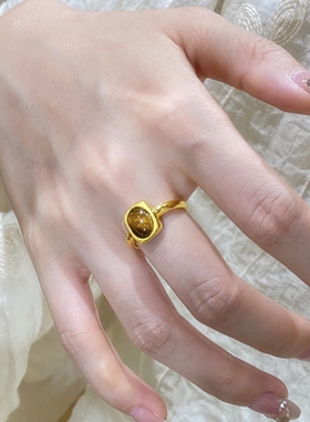 新中式方形镶嵌虎眼石戒指女轻奢高级复古可调节食指戒不掉色指环