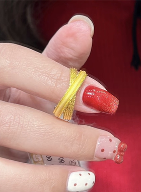 金店同款岁月流金双环戒指女999黄金色拉丝交叉设计复古闭口戒子