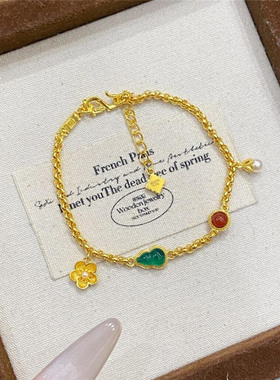 古法仿翡翠绿葫芦福禄双全富贵手链女气质999黄金色镶嵌珍珠手饰