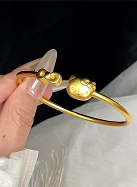 古法立体实心錾刻kitty猫手镯女