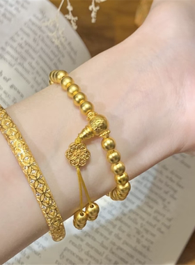 仿真黄金雕花六相花双莲手链女新中式复古三通转运珠子手串送礼物