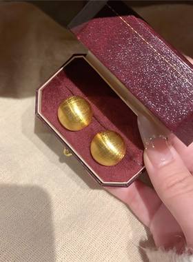 新中式精工鎏金拉丝半球耳钉女黄金色复古港风大号圆润金豆豆耳饰