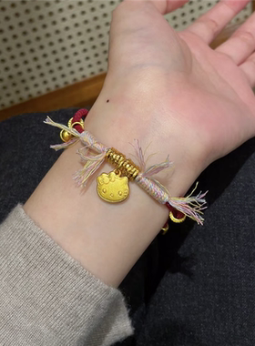 锤纹盘缠红色手绳铃铛kt猫手链女