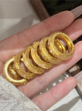 新中式国风金镶玉石雕花戒指女