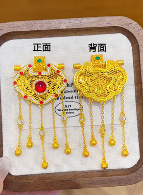 沙金宫廷风珐琅彩龙凤流苏如意锁包吊坠项链女錾刻龙凤挂坠毛衣链