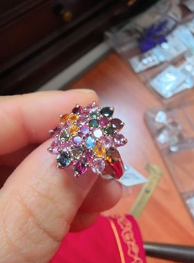 925银镀玫瑰金镶嵌天然碧玺戒指女款时尚珠宝原创设计彩色碧玺