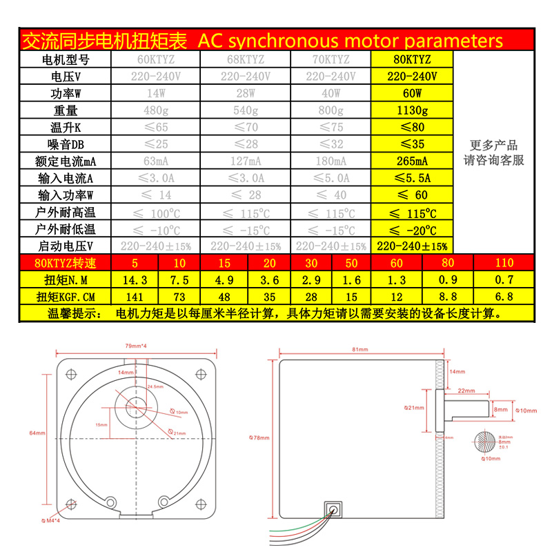 80KTYZ交流同步电机220V大力矩马达60W正反转齿轮减速电动机-图1