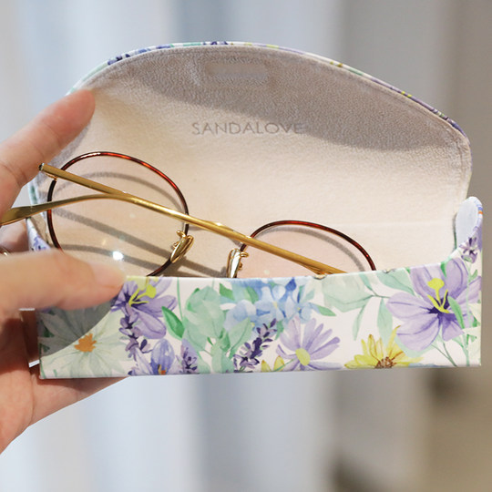 眼镜盒PU手工复古高档小猫花粉紫色近视眼镜收纳盒简约便携抗压女