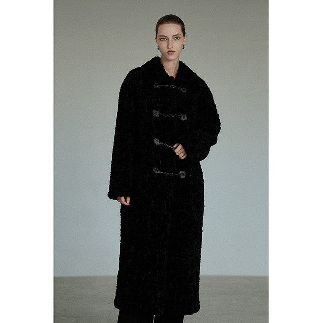 UNSPOKEN黑色牛角扣大衣女仿安卡拉卷毛绒加厚长款外套高级感冬装