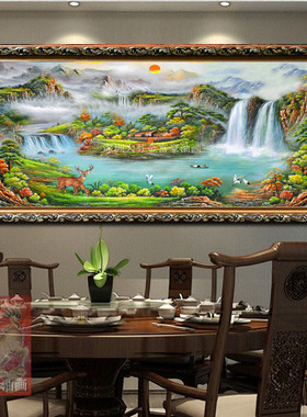 纯手绘红日东升风景聚宝盆油画