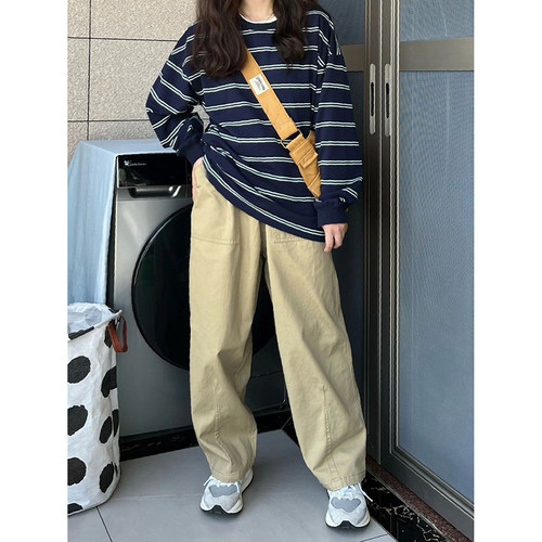 chic韩版条纹t恤女大码宽松长袖打底衫潮牌ins秋冬款复古内搭上衣 - 图3