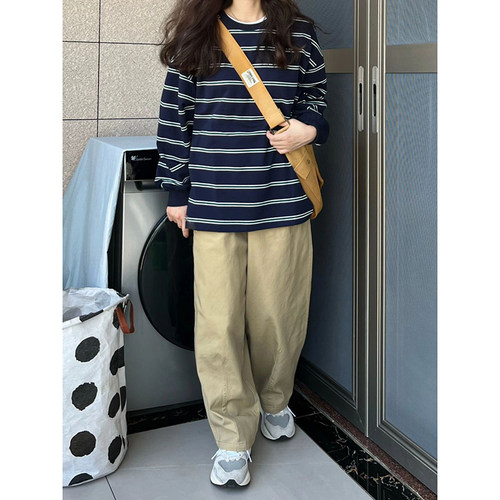 chic韩版条纹t恤女大码宽松长袖打底衫潮牌ins秋冬款复古内搭上衣 - 图0