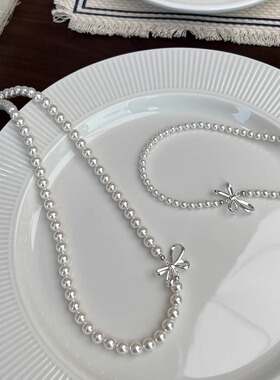 s925纯银轻奢小众丝带蝴蝶结施家珍珠项链女高级感锁骨