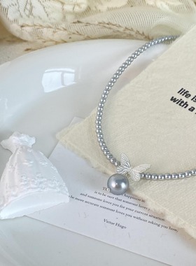 s925纯银施家强光珍珠蝴蝶项链女轻奢小众设计级感秋冬锁骨颈链