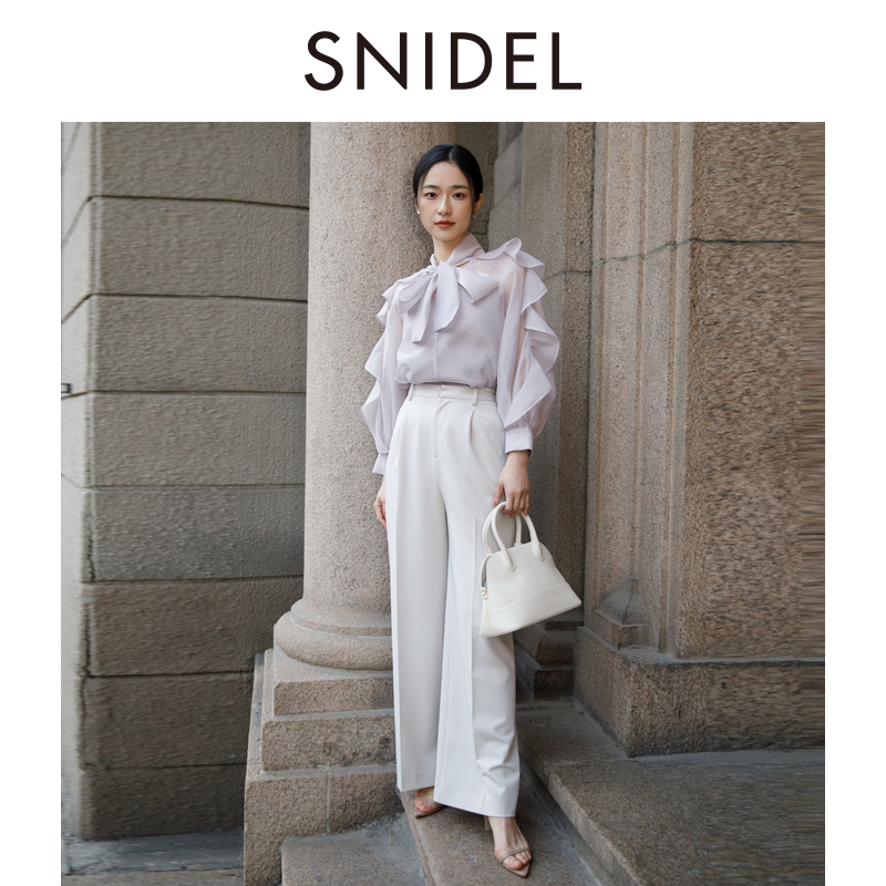 SNIDEL2024春夏新品气质淑女荷叶边蝴蝶结系带印花衬衫SWFB241133