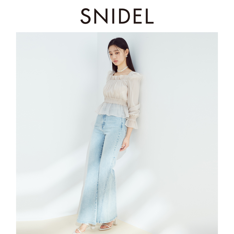 SNIDEL2024春夏新品甜美方领泡泡袖露肩荷叶边薄纱衬衫SWFB241138