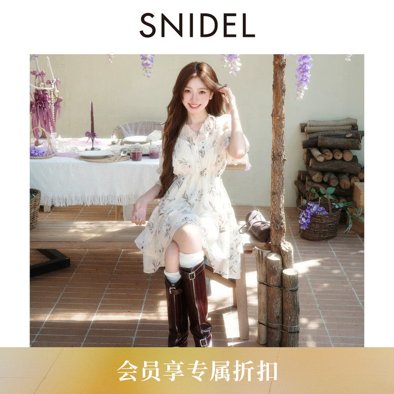SNIDEL2026春夏新品印花荷叶边露肩可拆泡泡袖连衣裙SWFO262308