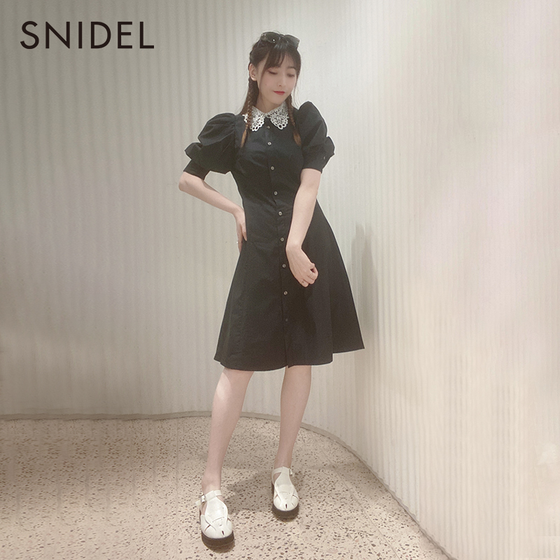 SNIDEL春夏少女感纯色蕾丝领泡泡袖收腰连衣裙SWFO221205-图1