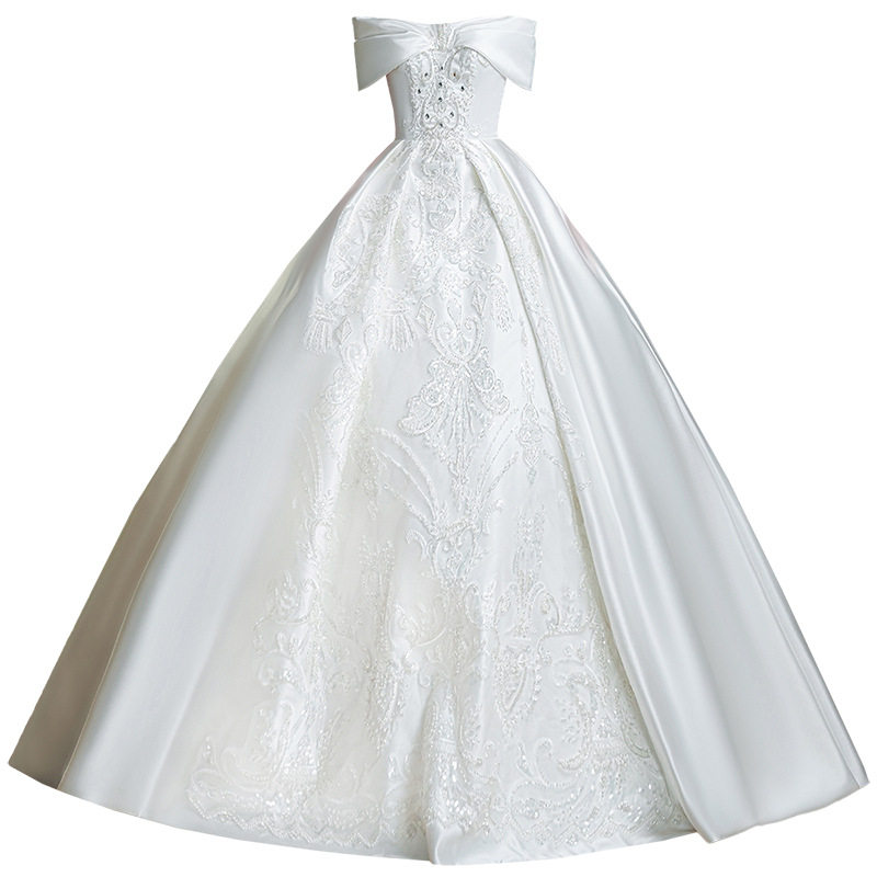 一字肩重工大码缎面婚纱新娘2025新款法式高级质感小个子奢华主纱,淘宝优惠券,粉丝福利购,淘宝优惠卷