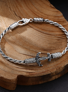 富贵鹿土耳其风格复古纯银手工麻绳船锚手链男士流行新款首饰古银