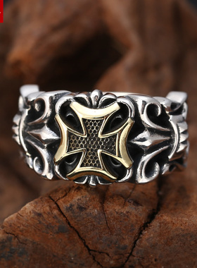 富贵鹿s925纯银船锚花十字架指环