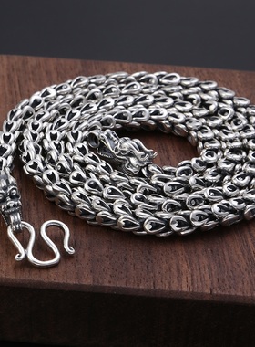 富贵鹿双龙头项链男纯银复古龙鳞