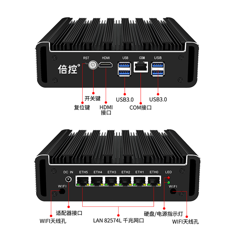 倍控10代I7 10510U视觉工控主机爱快路由器整机无风扇静音6千兆网口迷你全铝壳四核爱快维盟8250U Linux-图0