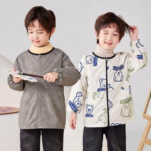 男童防水罩衣长袖拉链四季画画韩版写字羽绒服幼儿园外穿吃饭罩衫 - 图2
